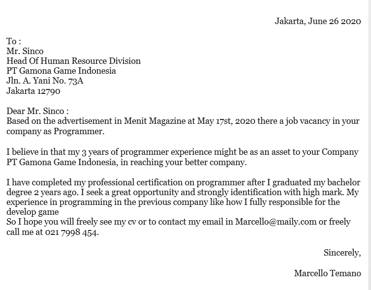 contoh surat lamaran kerja bahasa inggris