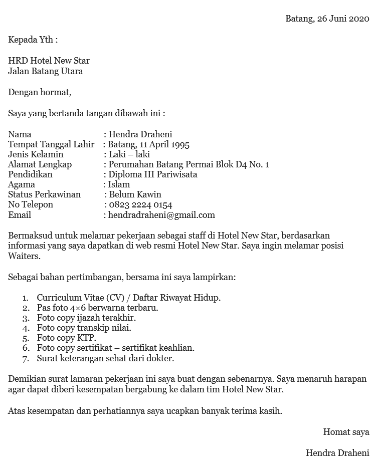 contoh surat lamaran kerja di hotel